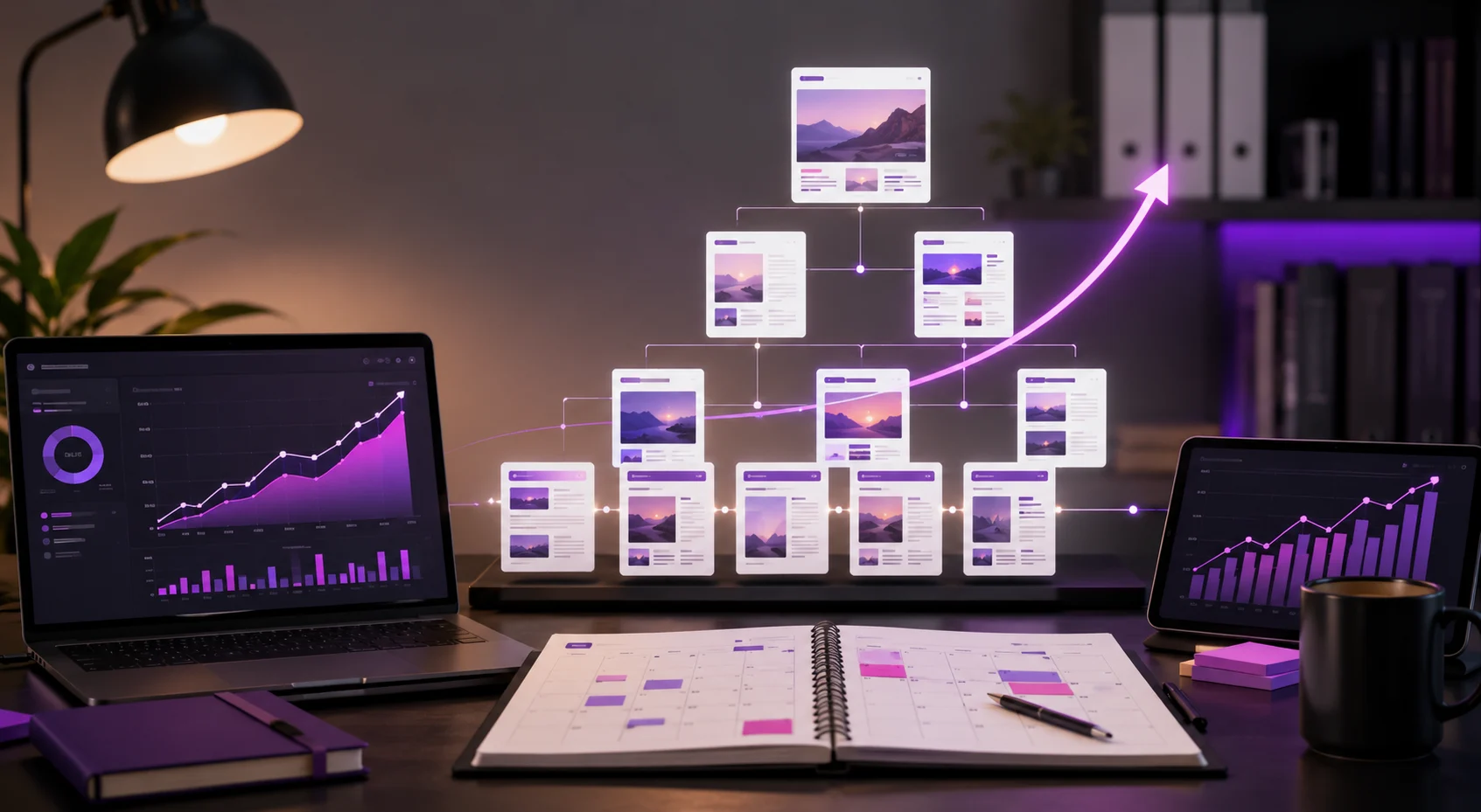 Gráfico de crecimiento orgánico con contenidos SEO y mejora progresiva de visibilidad