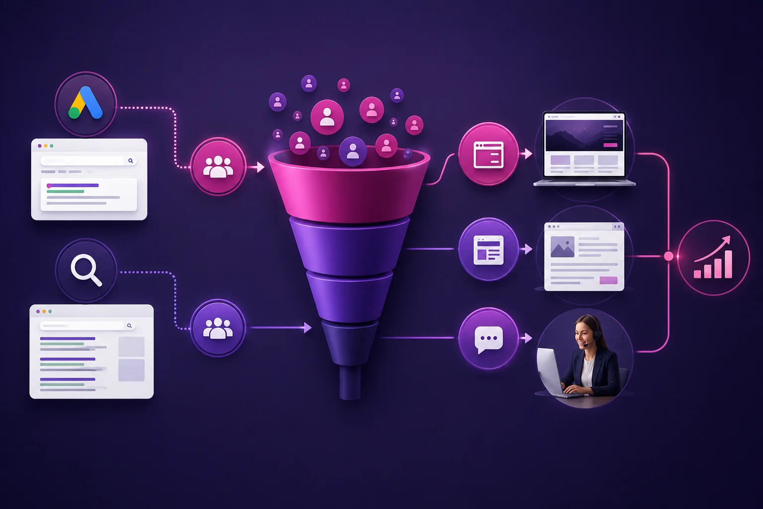 Embudo de captación que combina Google Ads y SEO en distintas fases del proceso