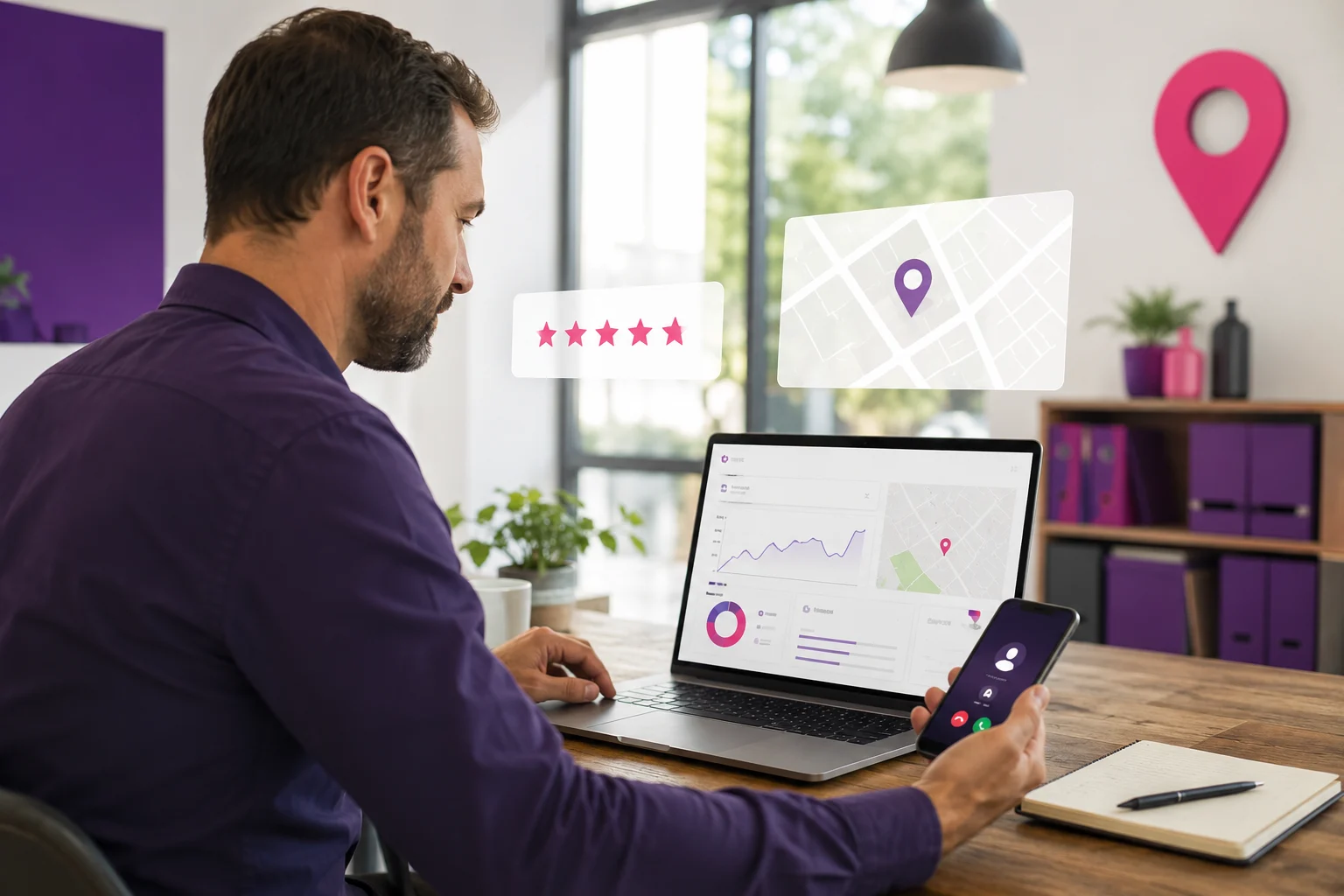 Propietario de negocio local revisando su ficha de Google Business para captar más llamadas