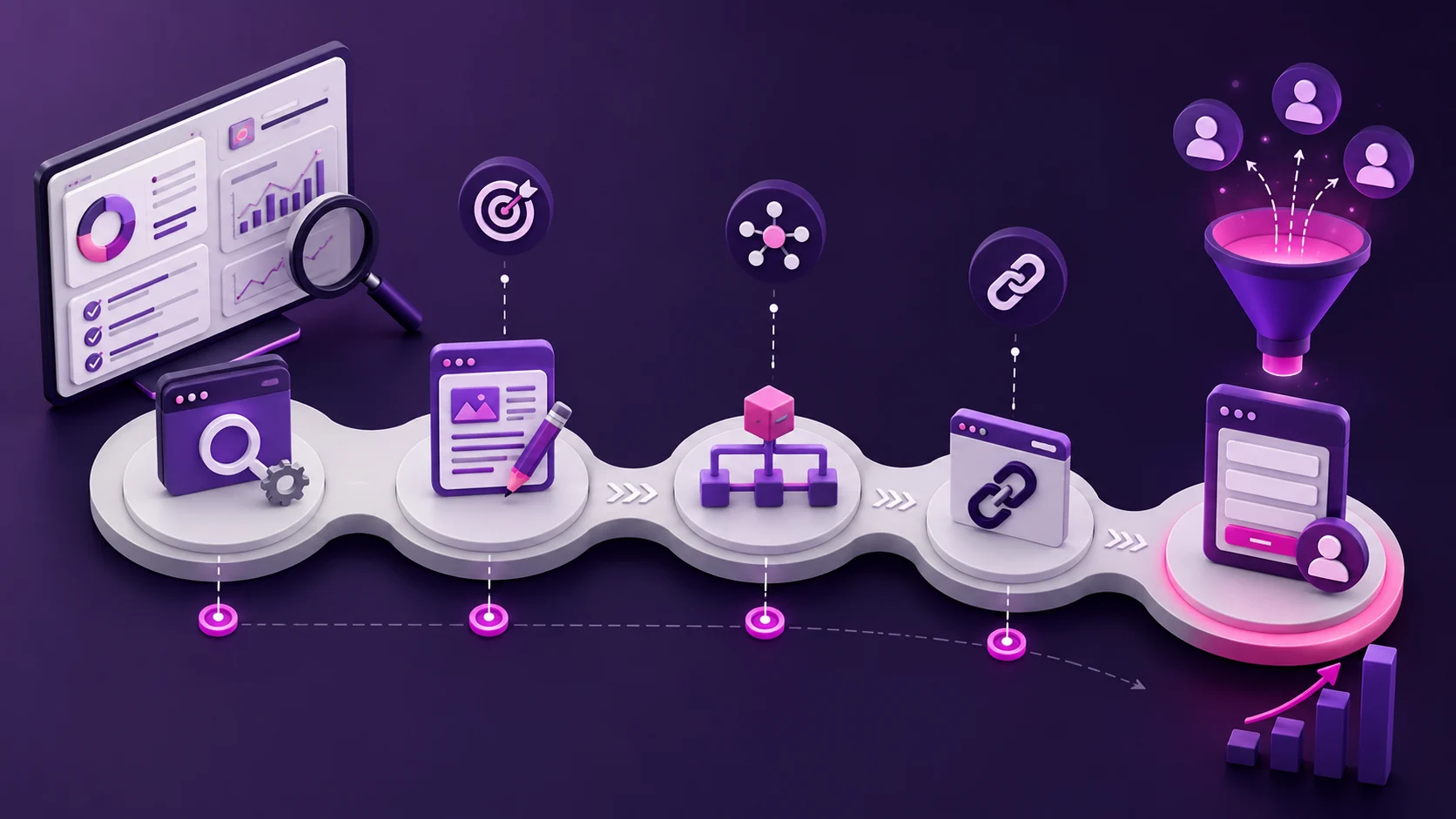 Roadmap SEO con pasos de auditoría, contenido, enlazado y captación de leads para AI Overviews