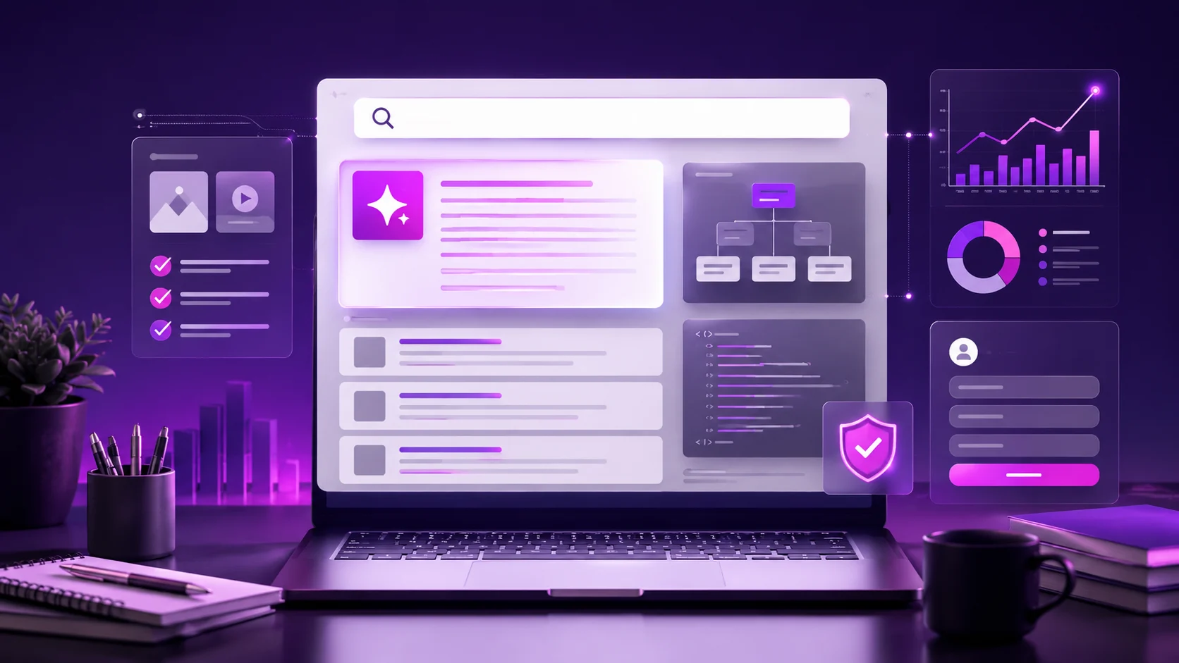 Interfaz de búsqueda con IA, gráficos SEO y una web preparada para aparecer en AI Overviews