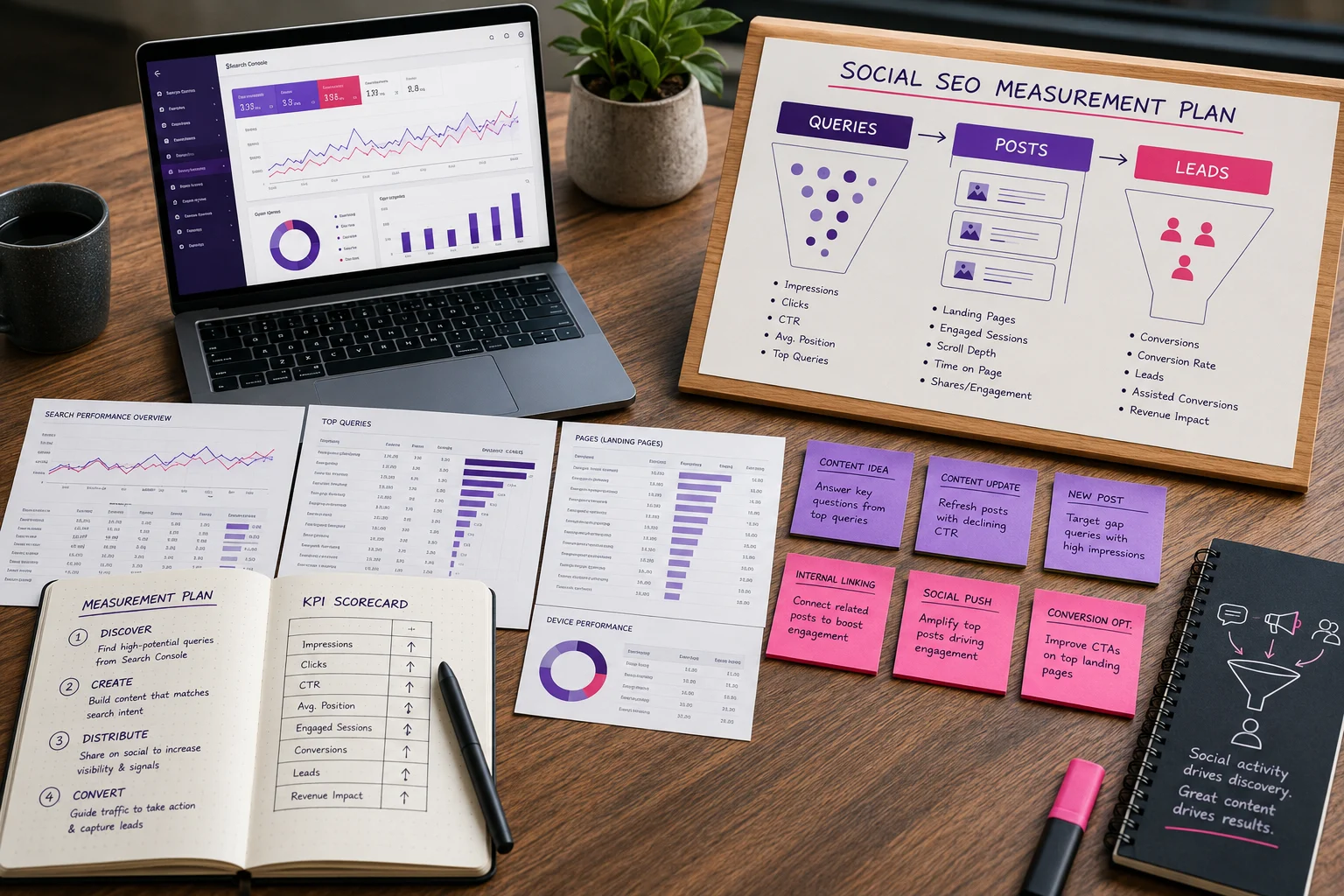 Plan de medición de SEO social con datos de Search Console, consultas y contenidos que generan leads