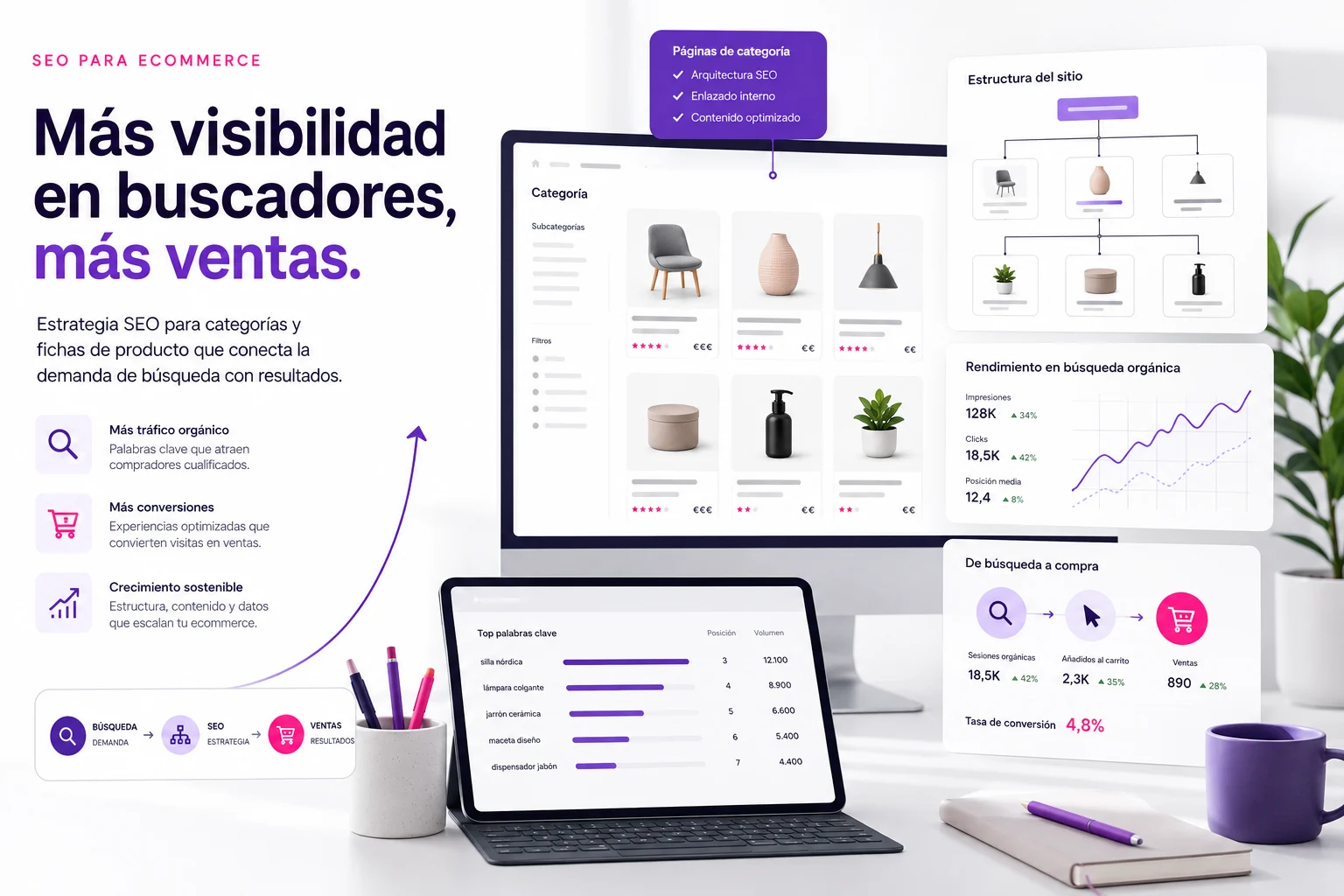Estrategia de SEO para ecommerce con categorías, fichas de producto y métricas de conversión